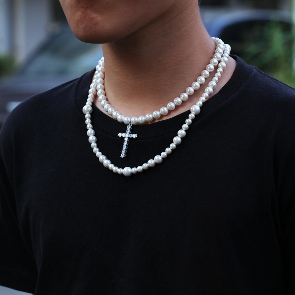 Top Fashion Hiphop Double Layer Pearl Necklace With Cross Pendant for Men