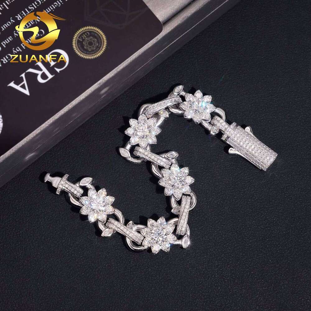 Hip Hop Jewelry 13mm Flower and Leaf VVS Cuban Link Sier Moissanite Iced Out Bracelet for Men Women