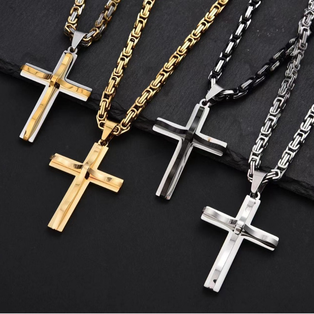 Mens Retro HipHop Style Stainless Steel Convex Cross Pendant Necklace New DoubleLayer Box Chain Fashion Accessory