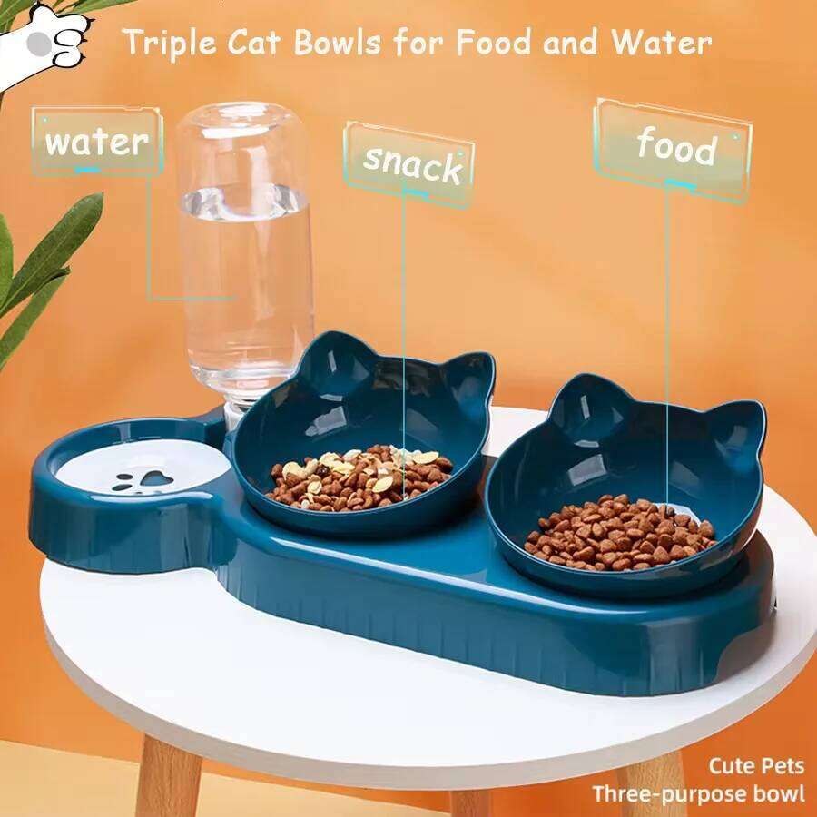 designer brand Triple Cat Pet Feeder in Double Bowls with Automatic Drinking Bottle Tilted Rotatable Design for Cats and Dogs