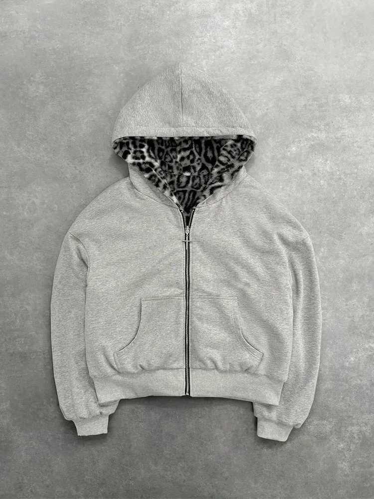 Unisex hoodie hooded sweatshirt with leopard print lining pocket loose cardigan zipper sweatshirt strtwear style X250910