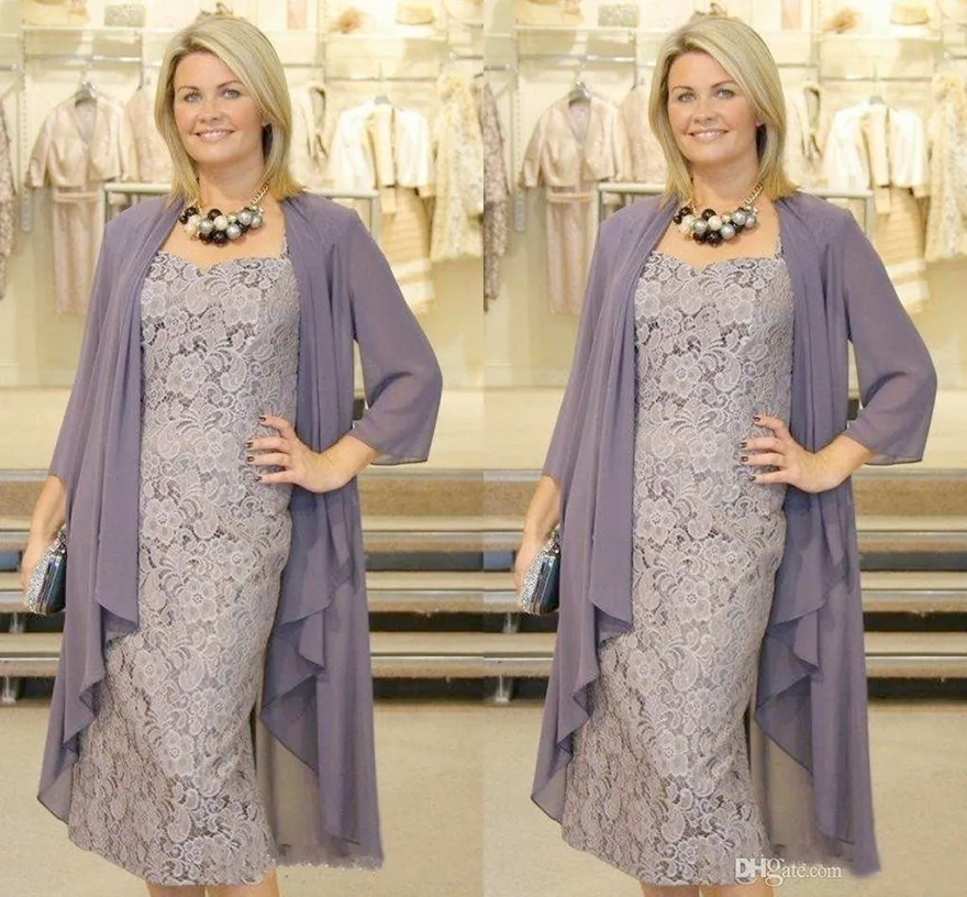 Elegant Tea Length Plus Size Mother Of The Bride Dresses With Chiffon Jacket 3/4 Sleeves Spaghetti Lace Special Occasion Dress Plus Size