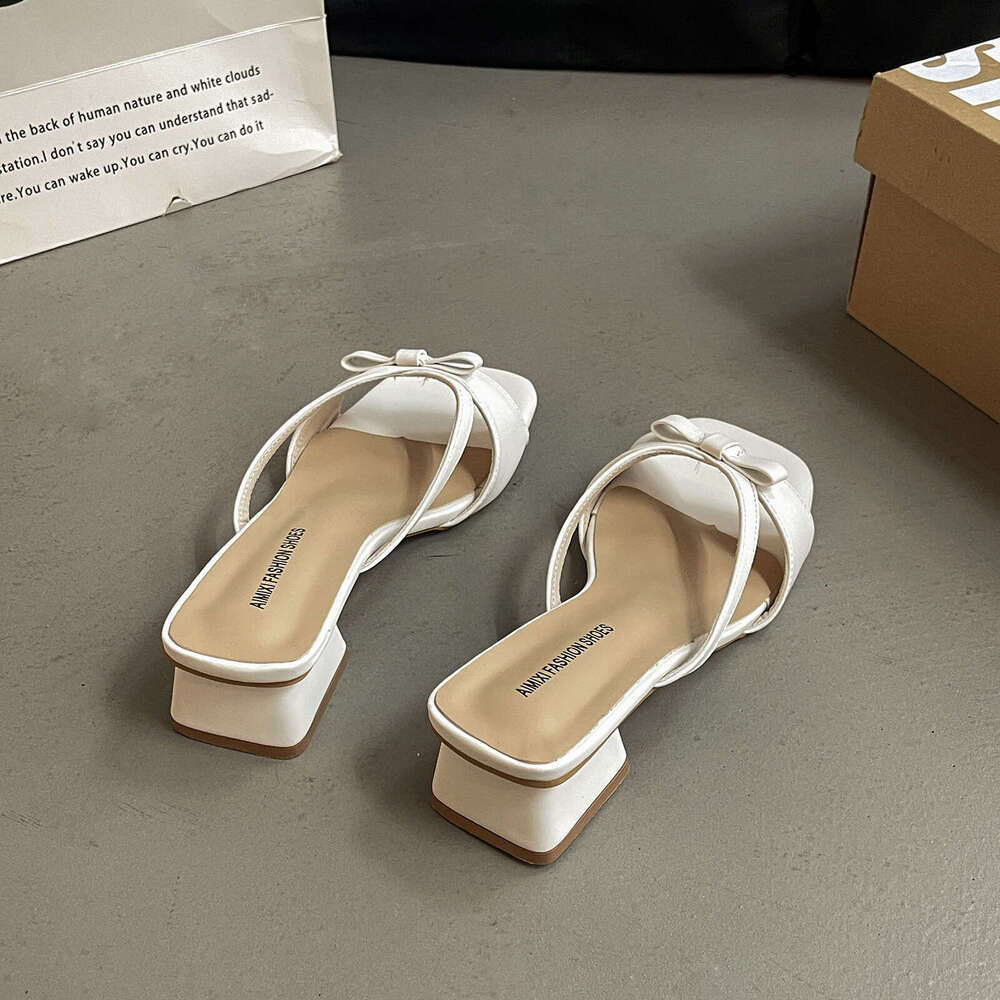 35-42 Evening French Style Squ Toe Bowknot Slip-On for Women Spring Summer New High-End Feel Outdoor Wear with Dress Sandals