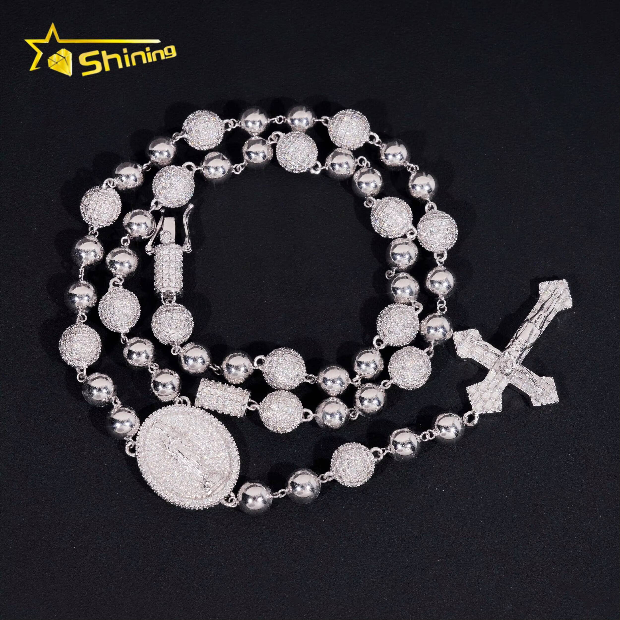 Pass Diamond Tester Hip Hop Iced Out Allah Moissanite Ball Chain 10mm Beads Necklace with Cross Pendant