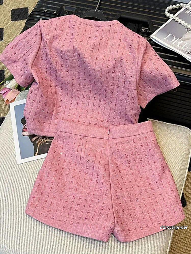 Women's Two Piece Pants BAFU Summer Pink Tweed 2 Set Women Short Sleeve Jacket Wide Legs Shorts Suit Runway Celebrity Coat Clothes 003P