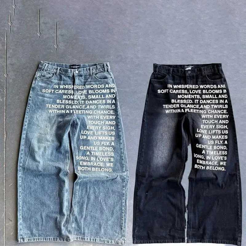 Deeptown Vintage Letter Print Women Man Jeans Y2k Harajuku Washed Wide Leg American Style Denim Pants Baggy Hip Hop Streetwear Z250910
