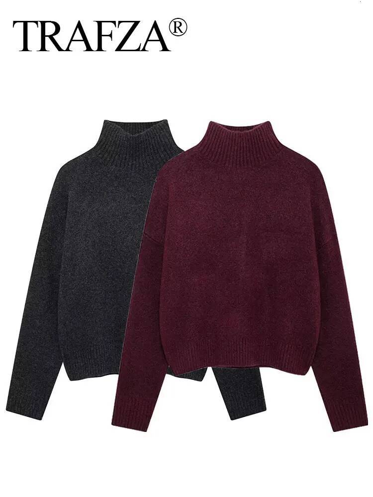 TRAFZA Vintage Bury Turtleneck Sweater Casual Long Sleeve Knitted Pullover Autumn Winter Women Solid Warm Knitwear dongdumaoyi