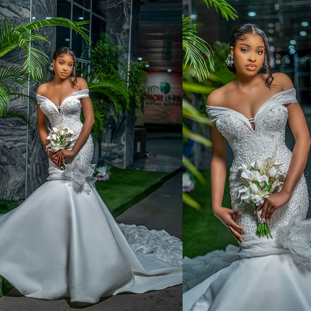 Exquisite Mermaid Wedding Dress Sequins 3D Flower Backless Bridal Gowns Off Shoulder Sleeveless Sweep Train Dresses Custom Made vestidos de novia