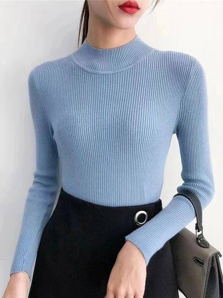 Autumn Winter Mock Neck Women Sweater Vintage Basic Solid Knitted Tops Casual Slim Pullover Korean Sweaters Simple Chic Jumpers dongdumaoyi