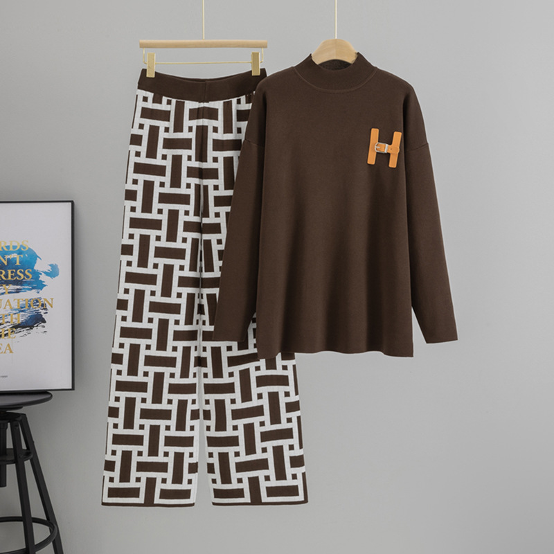 Women's Half High Neck Knit Sweater Set - Casual Wide Leg Pants Two-Piece Outfit