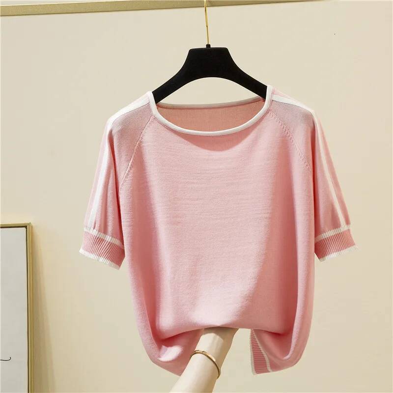 Casual Thin Knitted T-Shirt Camisetas Mujer Summer Short Sleeve Tops Elegant Woman Clothes Striped Fashion Tee Shirt Femme 18841 dongdumaoyi