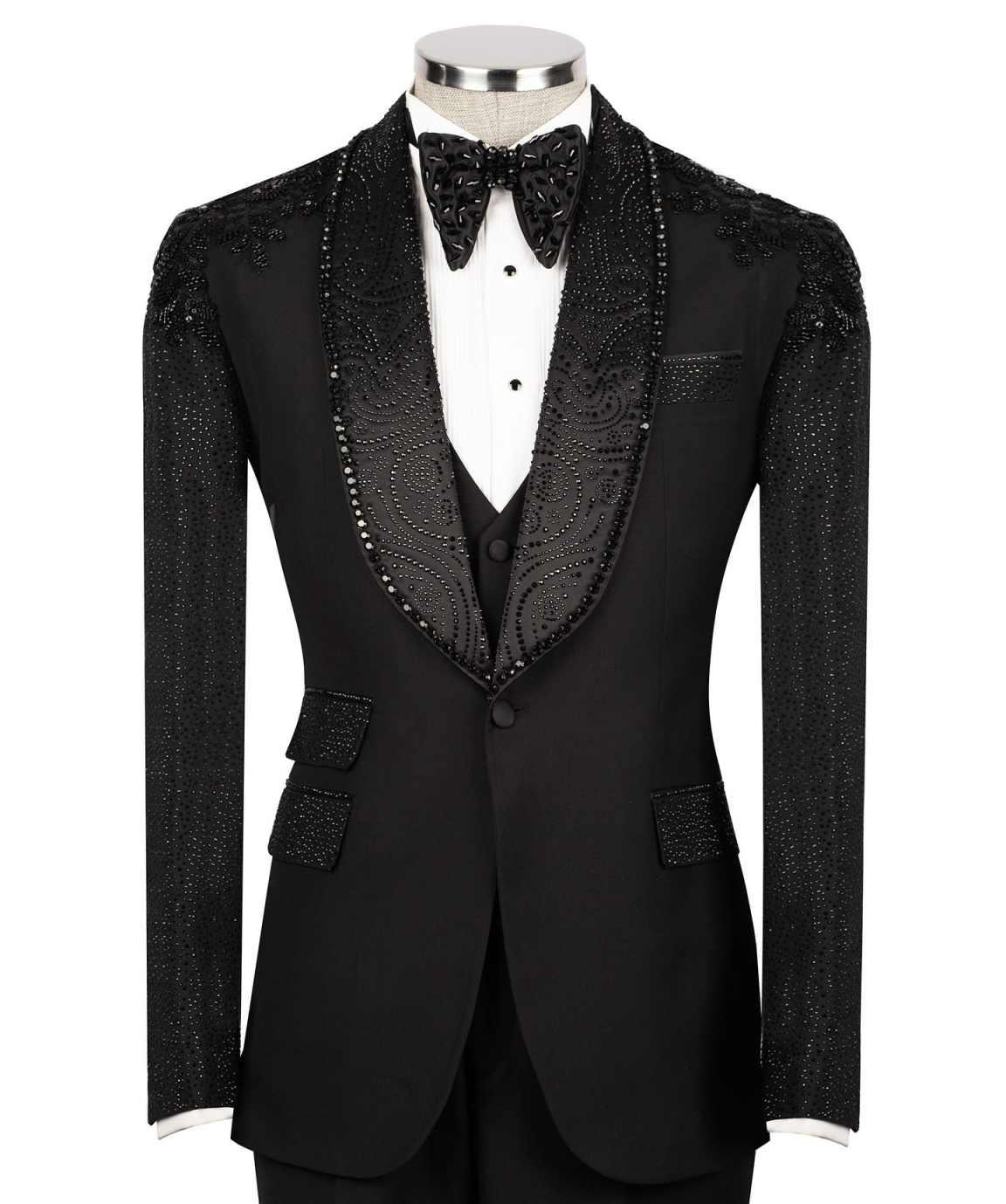 Stylish Wedding Tuxedos Jacket Pants Beaded Men Suit Luxurious Shawl Lapel Single Breasted Evening Prom Groom Blazers Customized