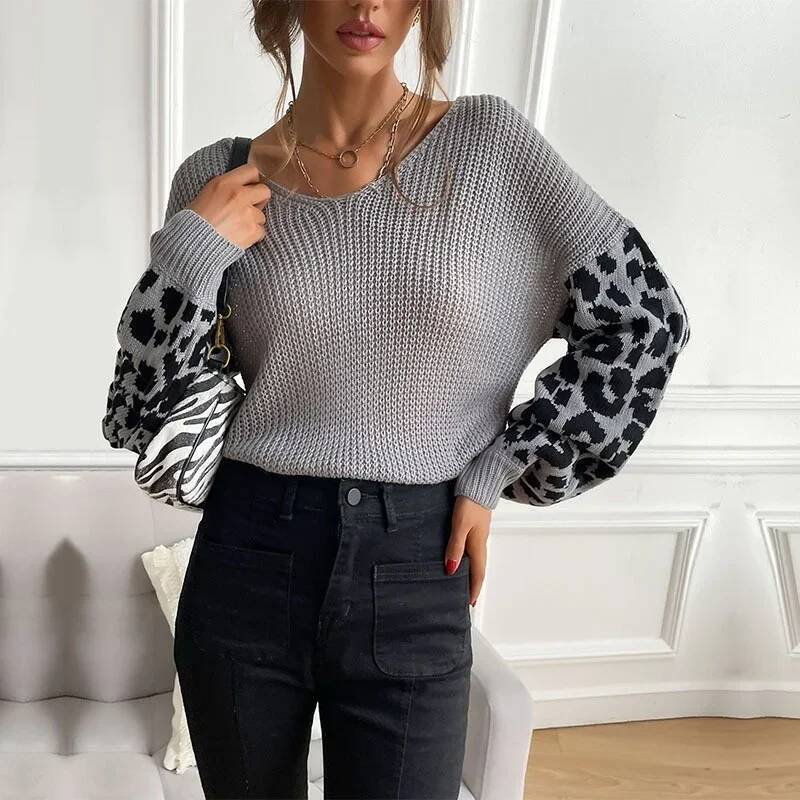 Fashion Leopard Print N-eck Pullover Sweater Women Loose Comfortable Long Sleeved Knitted Sweaters Casual Tops Autumn Winter dongdumaoyi
