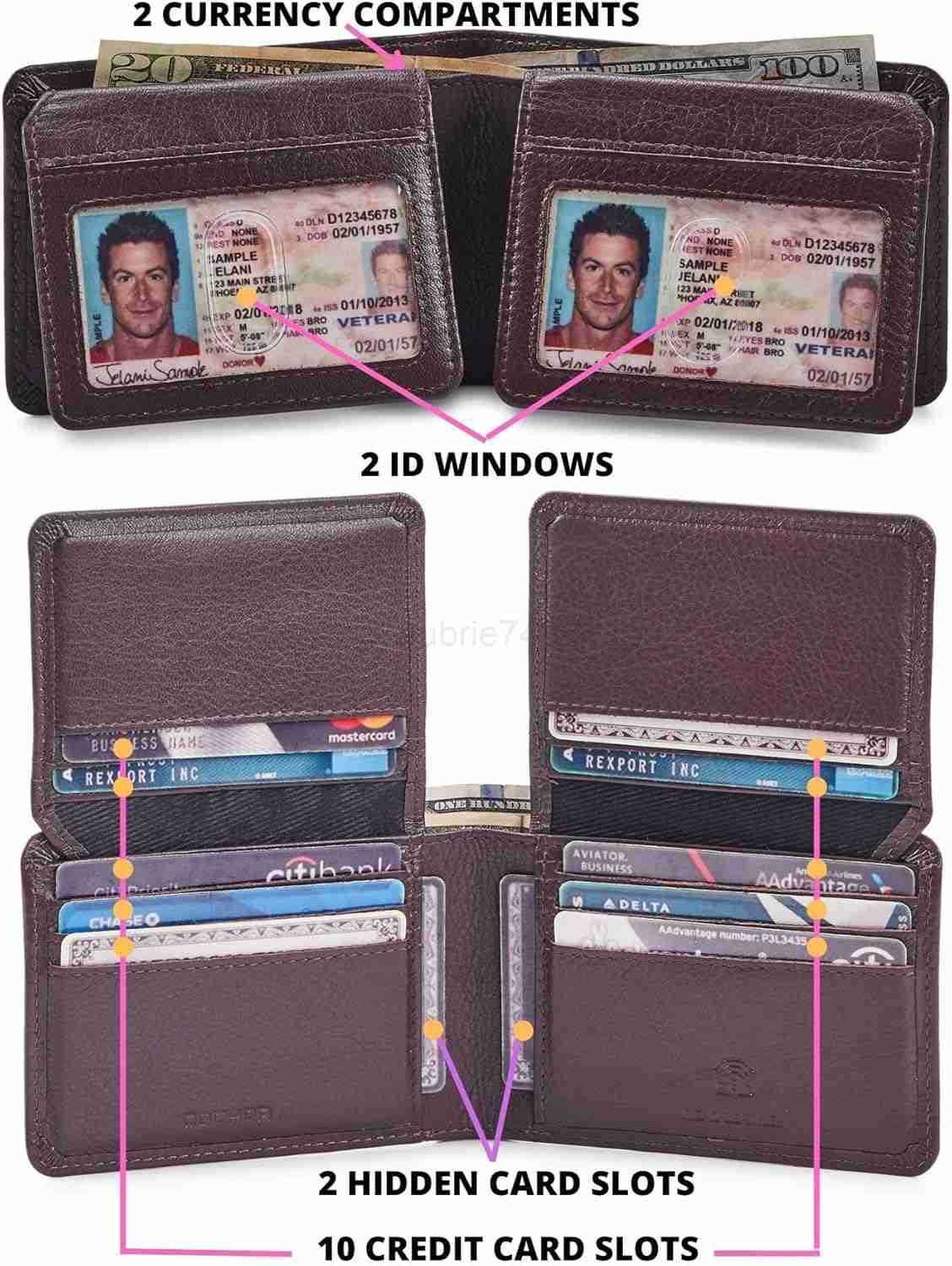 Mens Wallet Real Leather Bifold RFID Blocking High Capacity Card Case with 2 ID Window in Gift Box Crazy Horse BlackZ250910