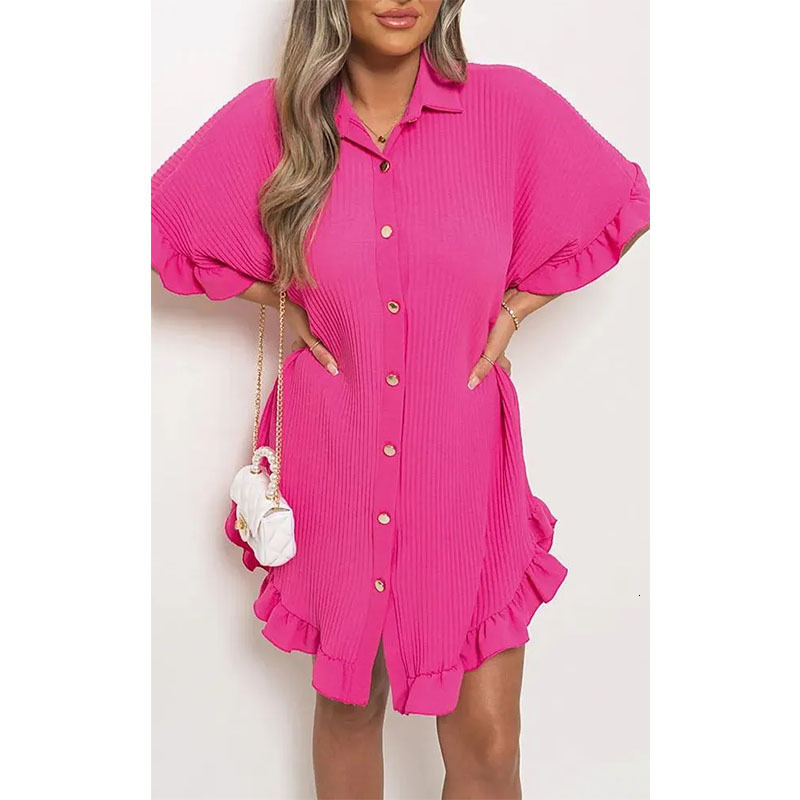 2025 summer new solid color shirt design dress with ruffled sleeves, designer women's irregular dress