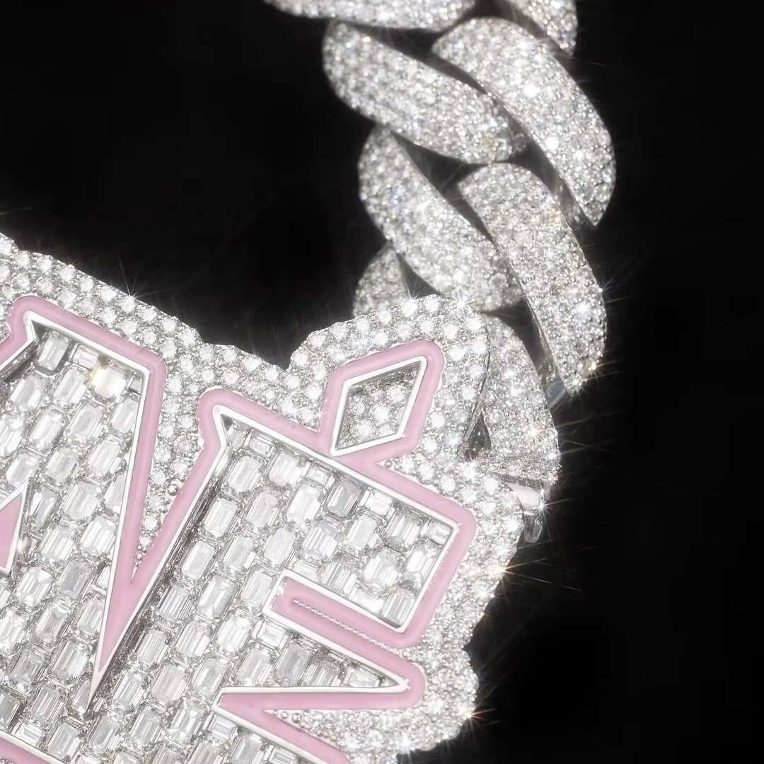 10K Solid White Gold VVS1 Lab Grown Diamond Jewelry Luxury Design Pink Enamel Baguette Diamond Name Cuban Chain Necklace