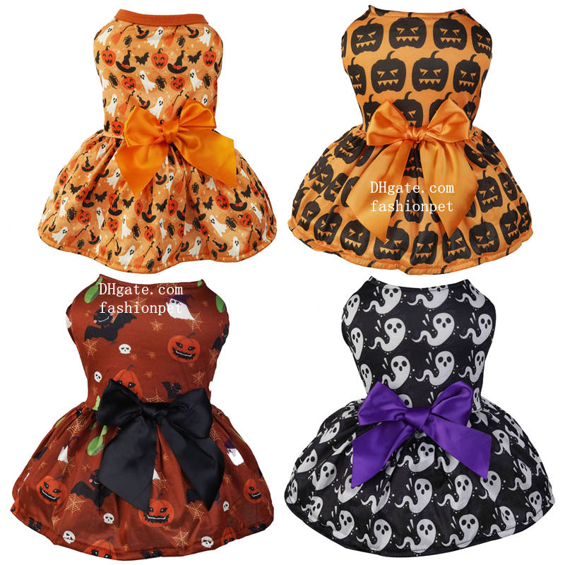 Halloween Dog Dress, Cotton Pet Apparel with Pumpkin Ghost Bat Spider Print & Big Orange Bowknot, for Dogs 2-14kg, Perfect for Halloween Parties, Tric