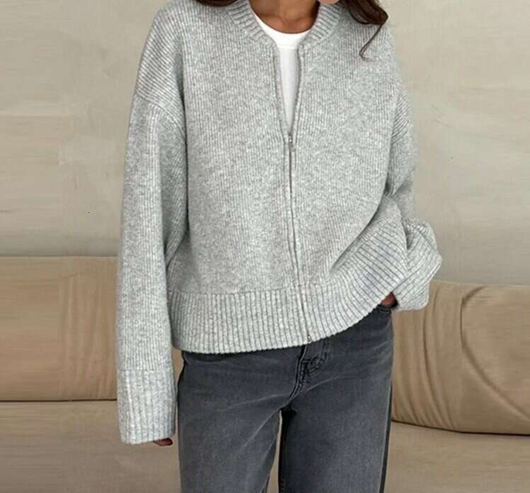 Autumn And Winter Casual Versatile Solid Color Zipper Knitted Sweater Cardigan For Women B3