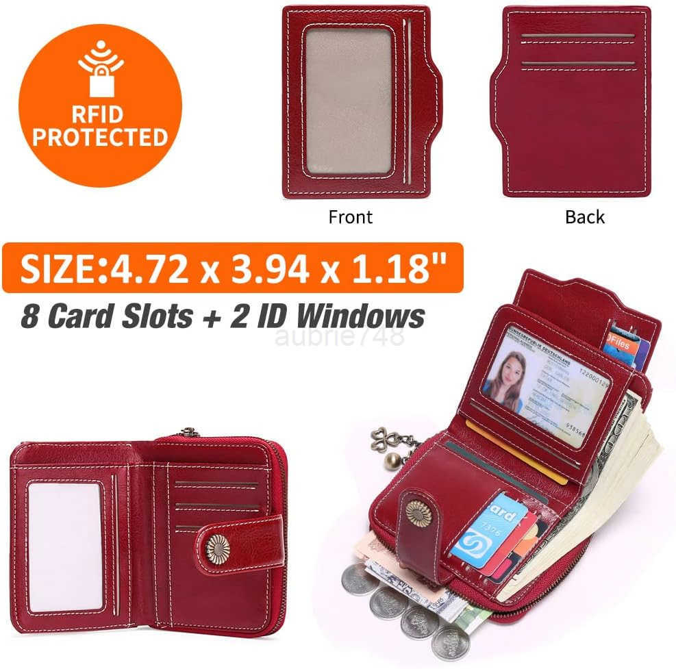 Wallet for Women Leather Small RFID Blocking Bifold Zipper Pocket Card Holder with ID Window Wine RedZ250910