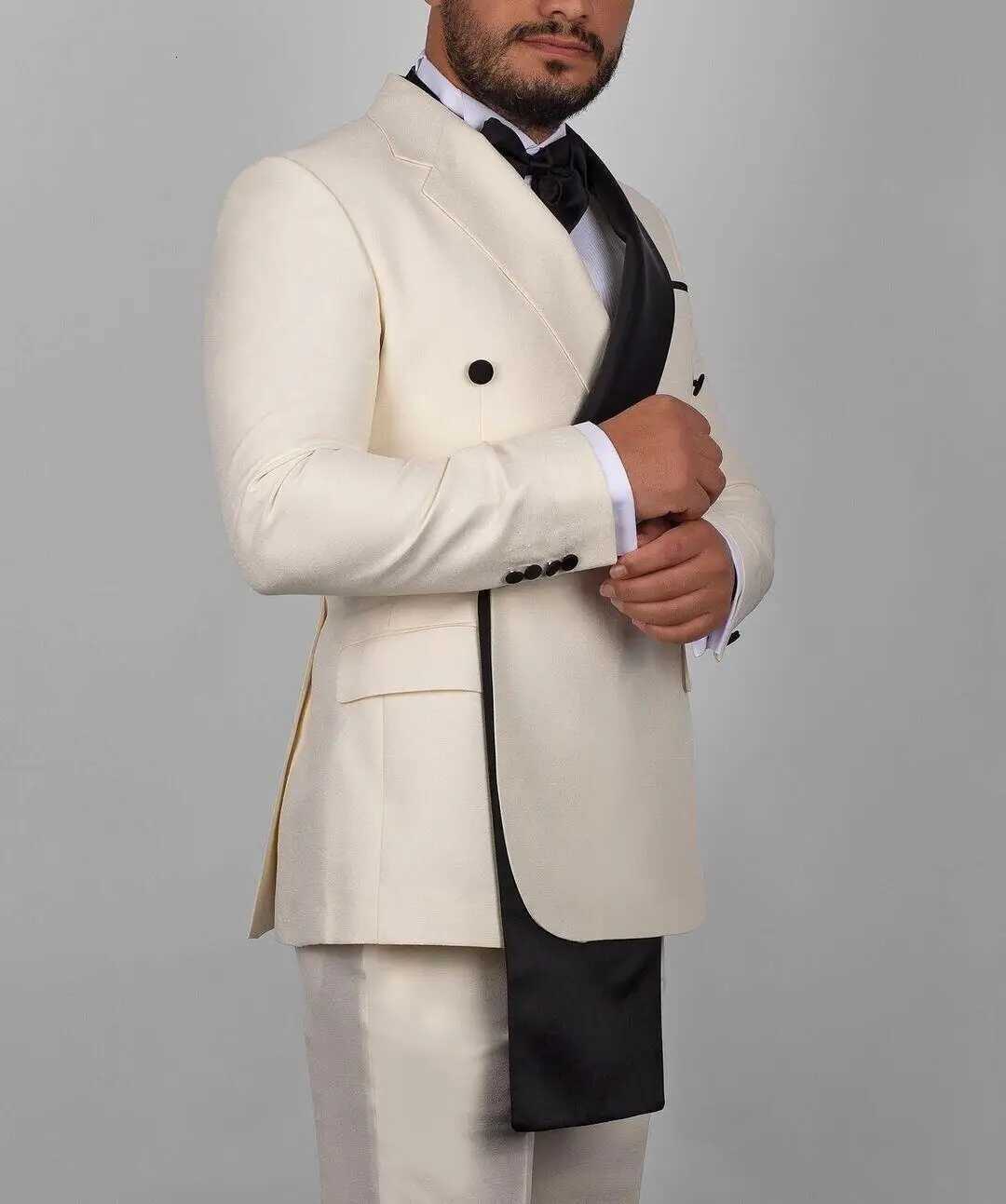 Beige Fashion Style 2 Piece Men Wedding Suits Slim Fit Double Breasted Blazer Business Groom Tuxedos Party Prom Costume Homme W250910