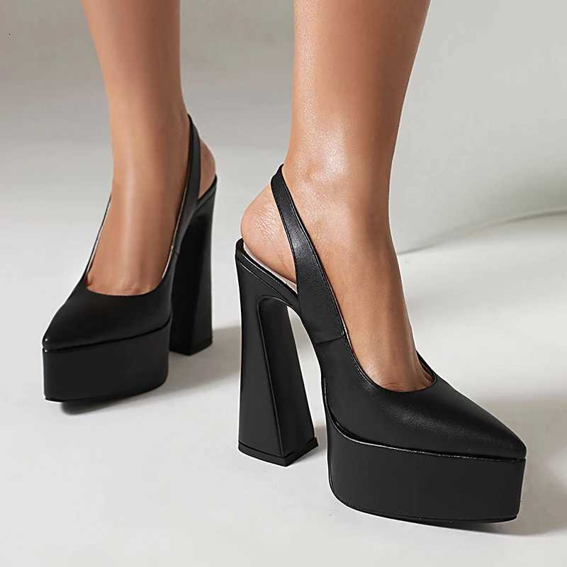 LIHUAMAO Pumps high heel shoes women slingback heel pointed toe ankle strap platform shoes party office lady chunky heel W250910