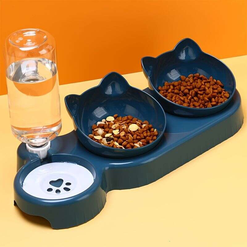 designer brand Pet Bowls Feeder In Ear Design Tilted Cat And Food Bowl Set With Gravity Water Bottle For Neck Protection