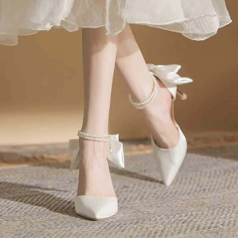 2024 Autumn New Womens High Heels Bow pointed thin heeled footwear Fairy style pearl single shoes Fashion elegant ladies pumps W250910