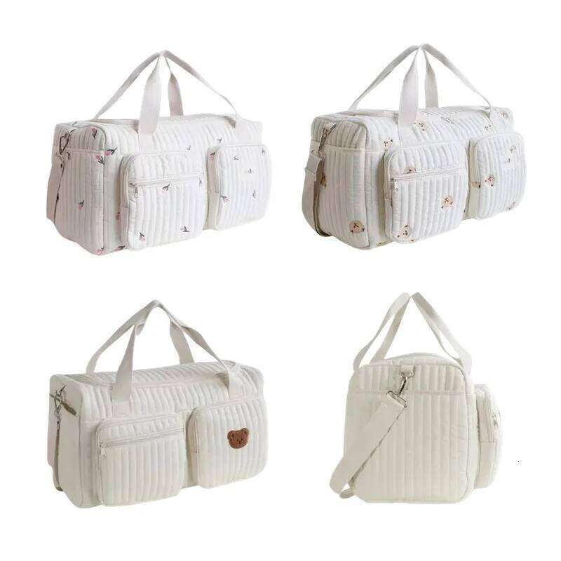 Cute Bear Flower Embroidery Pattern Mommy Baby Beige Cotton Fabric Zipper Diaper Handbag New Lage Bag