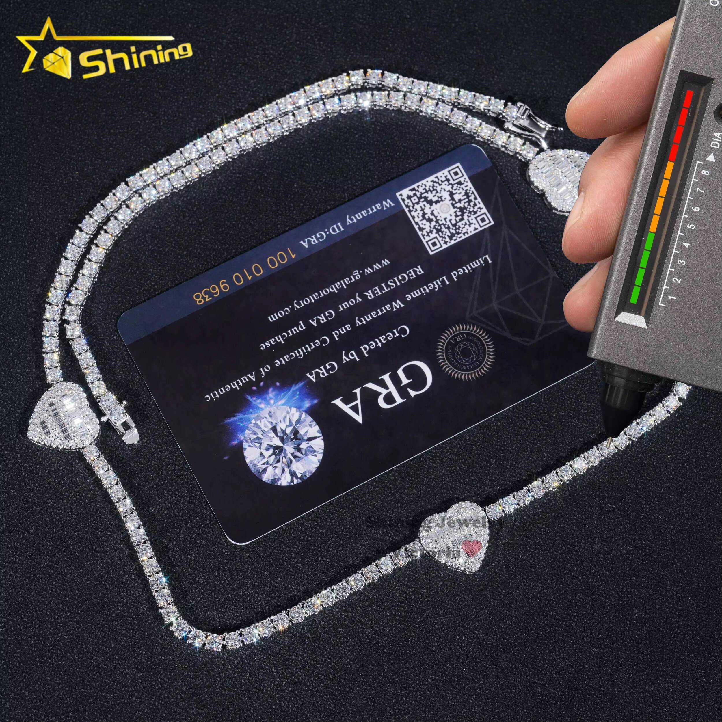 Fine Jewelry 3mm White Gold Plated 925 Sterling Silver Moissanite Diamond Iced Out Baguette Heart Shape Tennis Chain Necklace