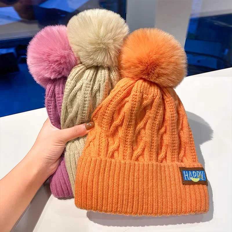Winter Female Plush Knitted Beanies Hat Fur Pom Thicken Fleecelined for Women Girls Warm Hats Outdoor Woolen Thermal Gorro CXJ250910