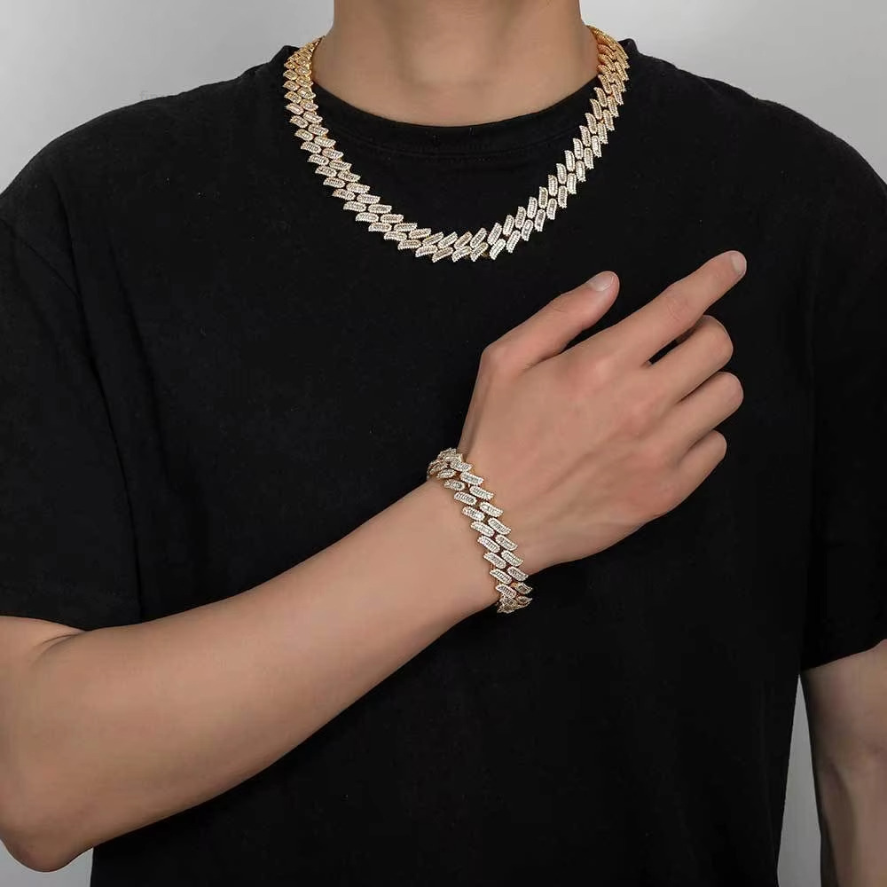 Hip Hop 925 Silver Iced Out Cuban Link Bracelet 15mm Moissanite Necklace Jewelry