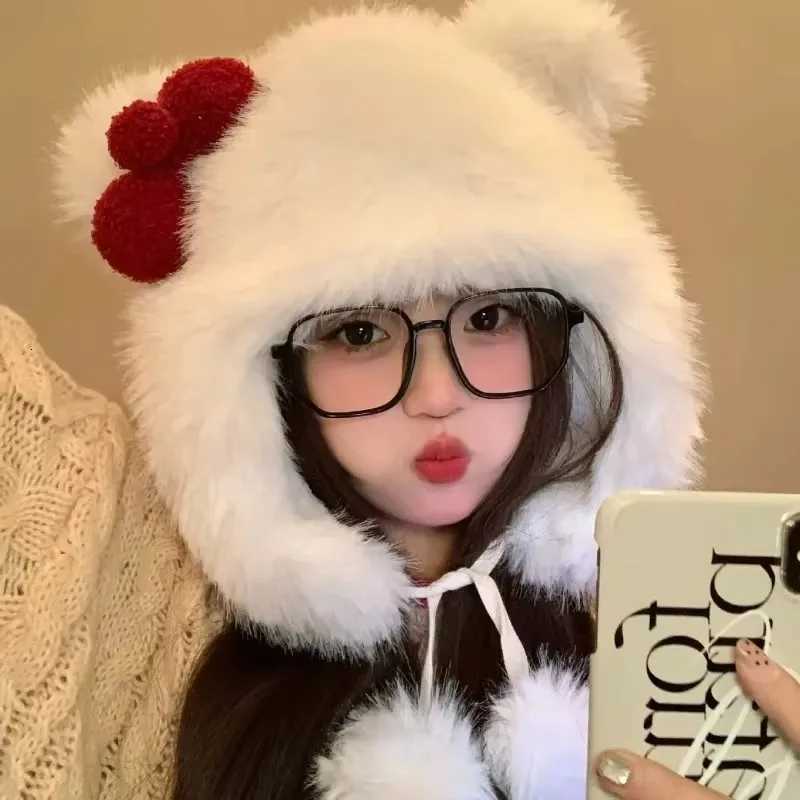 Korean Sweet Bow Plush C for Women Winter Girls Keep Warm Windproof Cat Ear Protection Hats Cute Pompom Beanie with Lace BowXJ250910