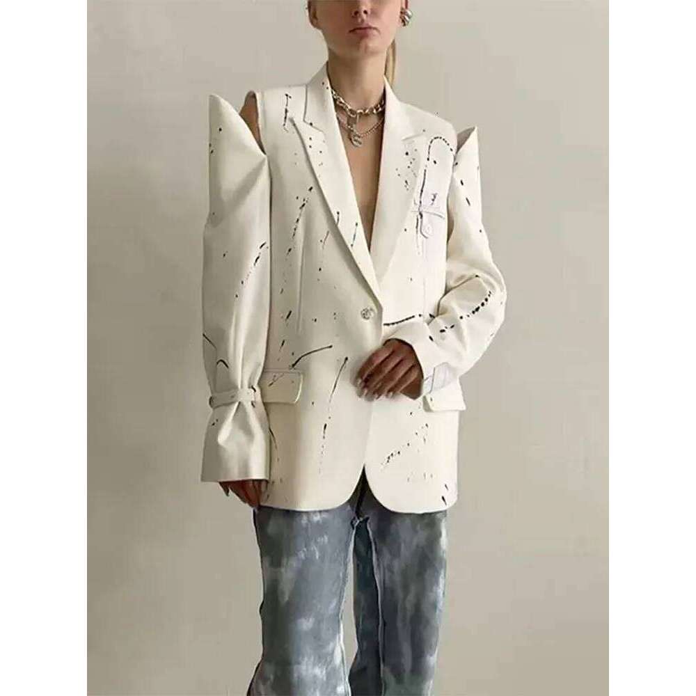 Designer Clothing 2025 Women's Suit Coats Graffiti Hollow Out Off Shoulder Coat Woman Loose Print Lapel Jacket Single Breasted Long Sleeves Top C