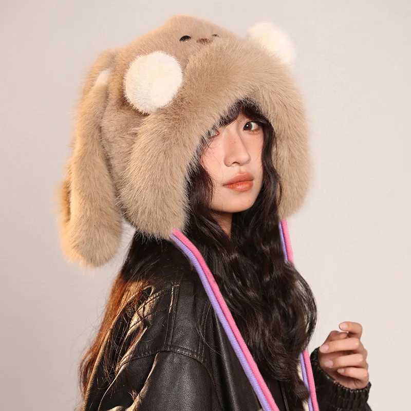 Cute powder blusher bear plush hat warm ear protection Lei Feng hat is suitable for outdoor cold protection in autumn and winterXJ250910