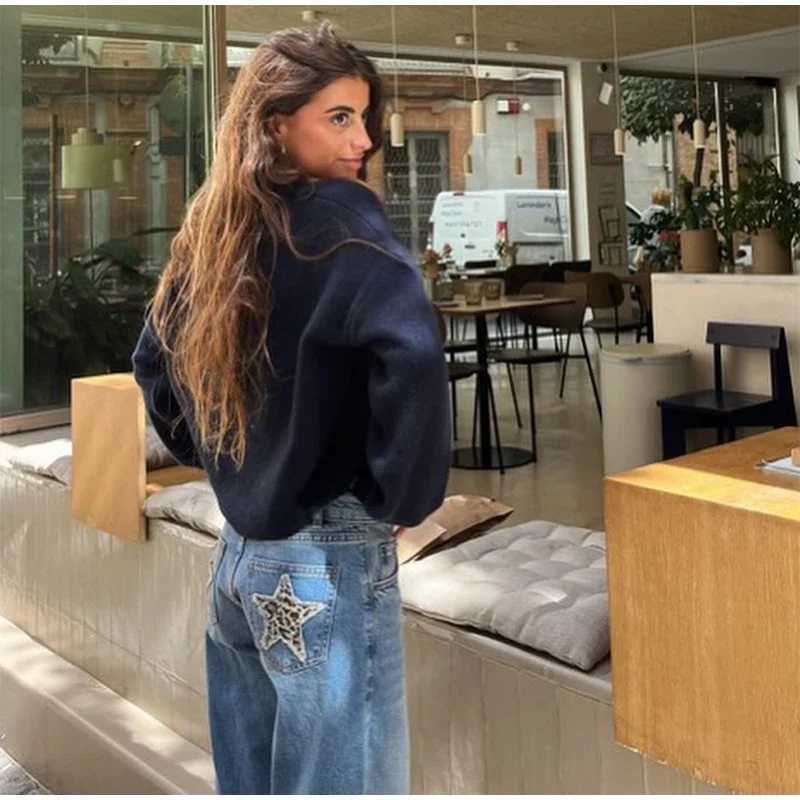 Denim belt leopard print star patch womens high waist straight legs jeans fashion clothing cleaning blue pants vintage trousers Z250910