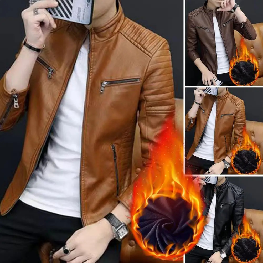 Men Faux Leather Jacket Fleece Lining Mens Fleecelined Stand Collar Stylish Pleated for Autumnwinter 250910