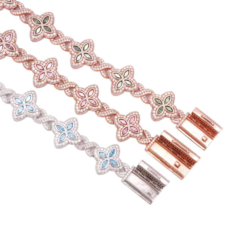 19MM Colored Moissanite 4 Leaf Clover Infinity Link Bracelet Iced Out Design Sparkling Gemstone Jewelry for Men and Women