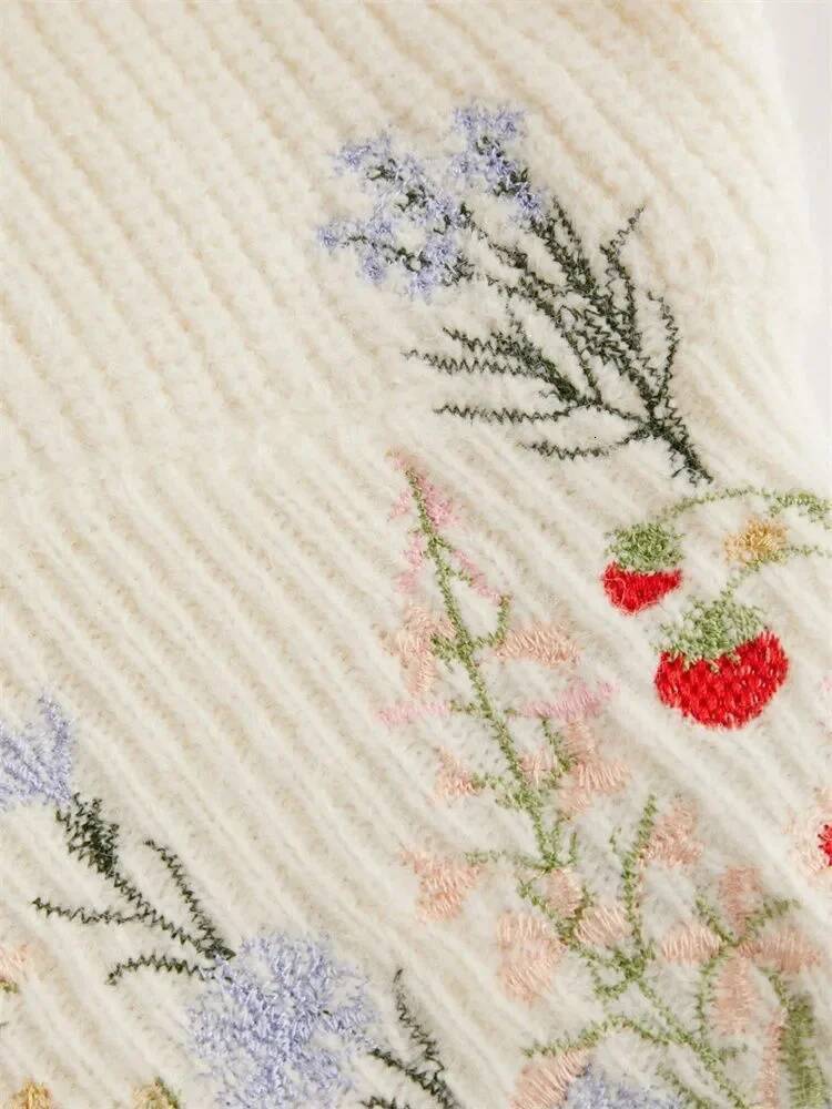 Casual Floral Embroidery Lantern Long Sleeve for Women Autumn Winter Elegant Mock Neck Cropped Knit Sweater Pullover Top dongdumaoyi