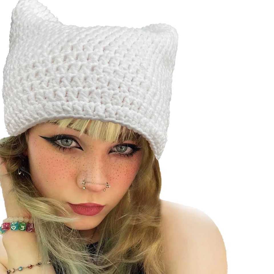 Crochet Hats for Women Men Cat Ear Bonnet Girl Knitted Lazy Style Punk Y2k Cute Slouchy Beanies Loose Fit Handmade Skullies BoysXJ250910