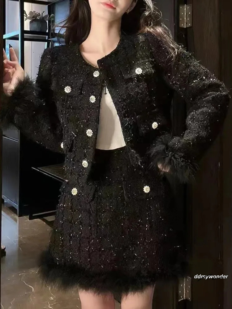 Autumn Winter French Vintage 2 Pieces Sets Tweed Jacket Short Coat Feather Splicing Blazerhigh Waist Mini Skirt Suit 240129