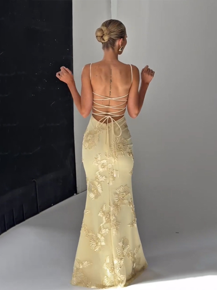 G94Strapless Tube Top Three-Dimensional Flower Embroidery Fishtail Dress Holiday Long Dress