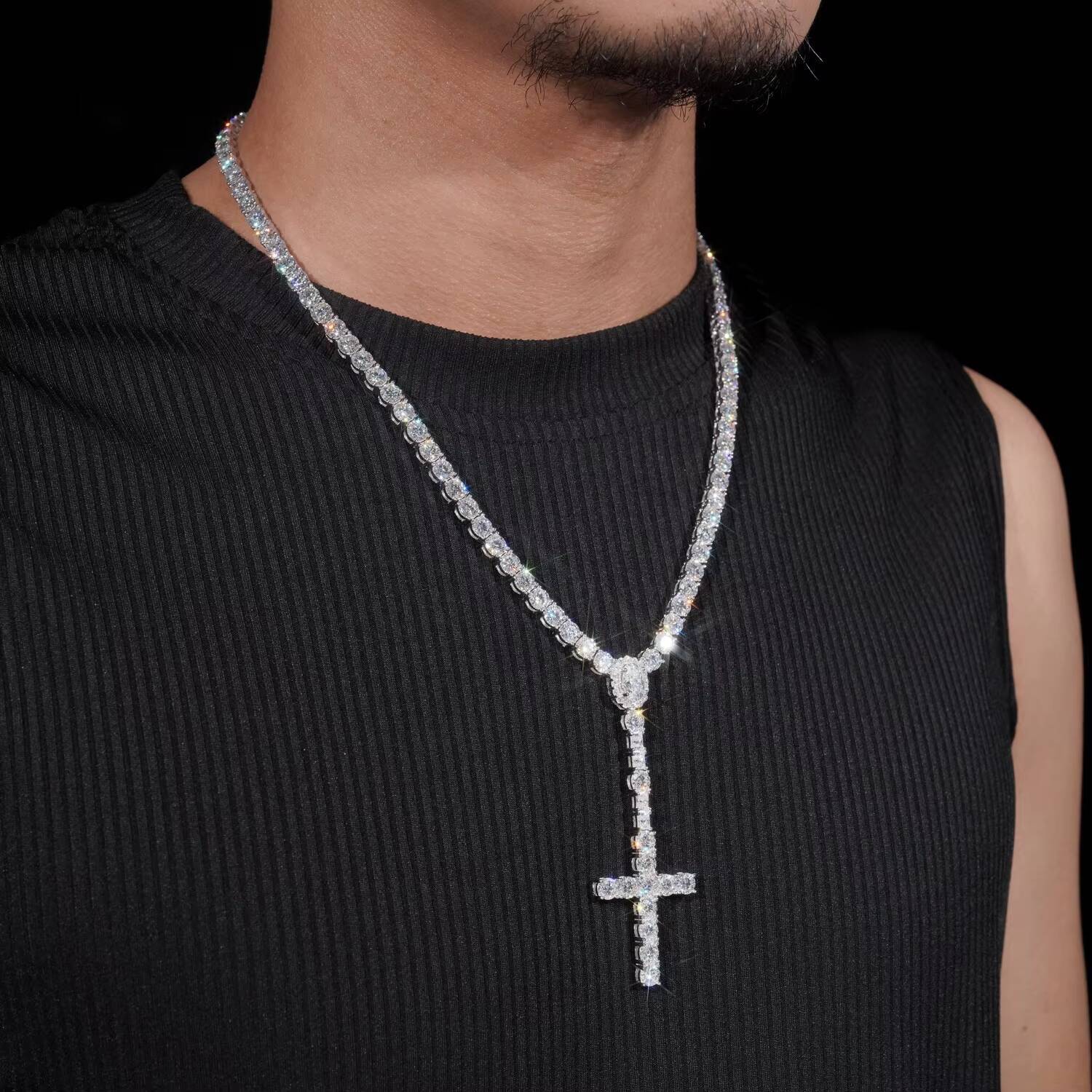 New Arrival Hot Sell Iced Out 5MM Width 925 Sterling Silver VVS Moissanite Rosary Cross Tennis Chain Necklace