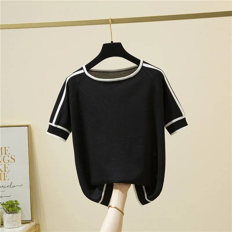 Casual Thin Knitted T-Shirt Camisetas Mujer Summer Short Sleeve Tops Elegant Woman Clothes Striped Fashion Tee Shirt Femme 18841 dongdumaoyi