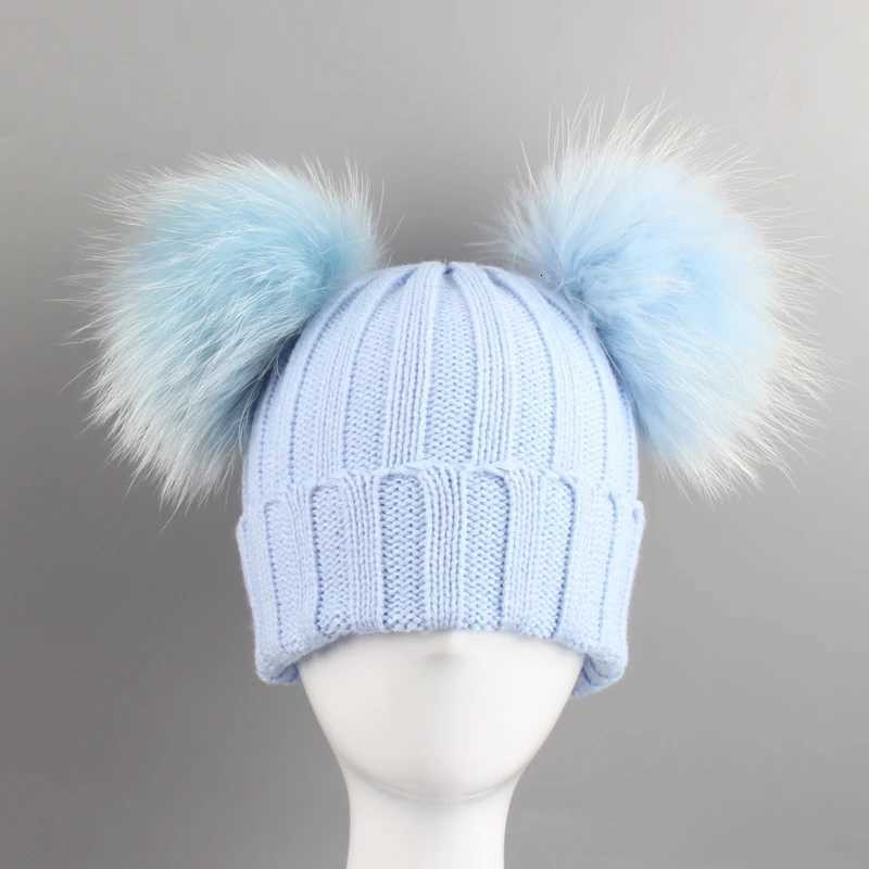 Two Pompom Fur Hat Baby Boy Girl Knitted Beanie Hat Winter Hat For Kids Children Double Real Natural Fur Pom HatXJ250910