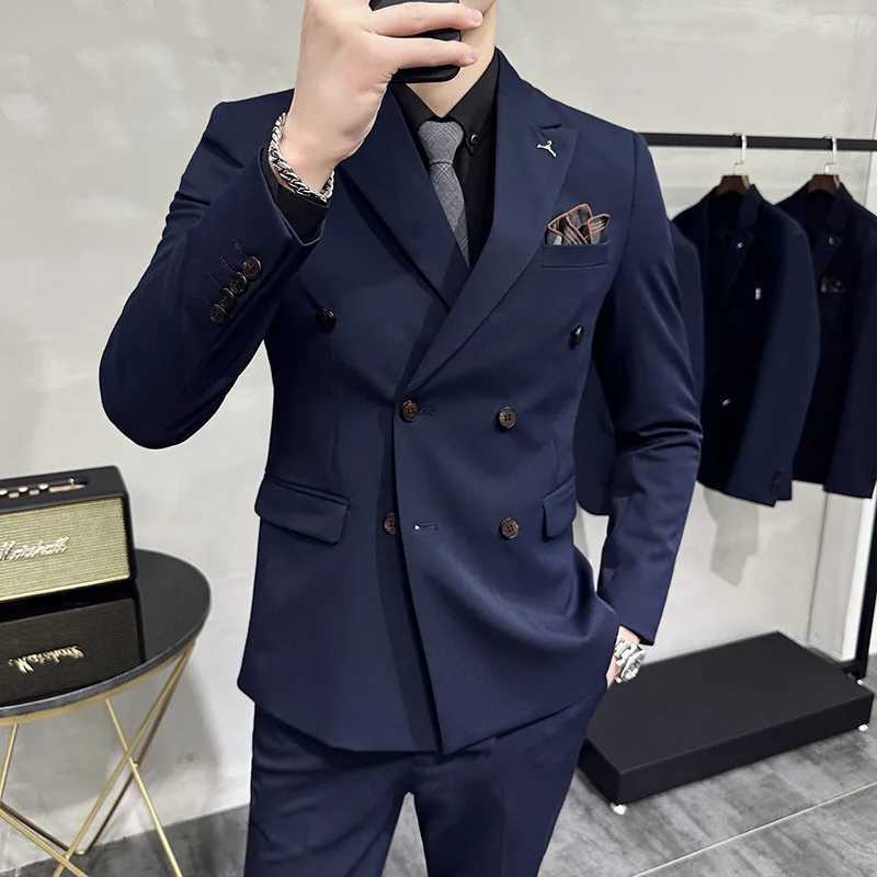 Mens Suits Blazers Pants Boutique Fashion Solid Color Doublebreasted Mens Casual Business Slim Suit 2piece Set W250910