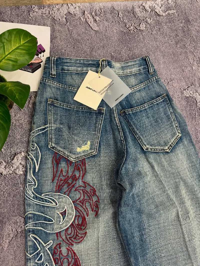 2025 American New Vintage Pop Pattern Embroidered Loose Jeans Women Y2K Fashion Gothic Straight Casual High Waist Wide Leg Pants Z250910