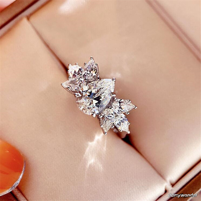 Ins Spakrling Handmade Sweet Cute Wedding Ring Jewelry Sterling Sier Water Drop 5A Zircon CZ Dia Gemstonens Women Engagement Band Rings Gift ddmywonde