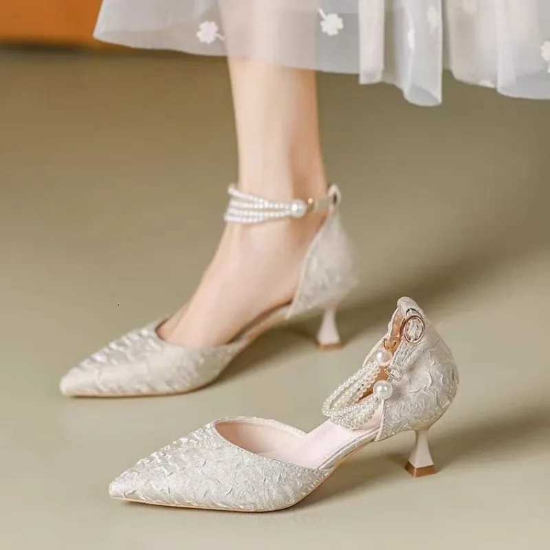 Womens Single Shoes with Pearl Straight Buckle Strap Low Heel Pointed Toe 2025 New Spring Outdoor PU Apricotblack Low Top Shoes W250910