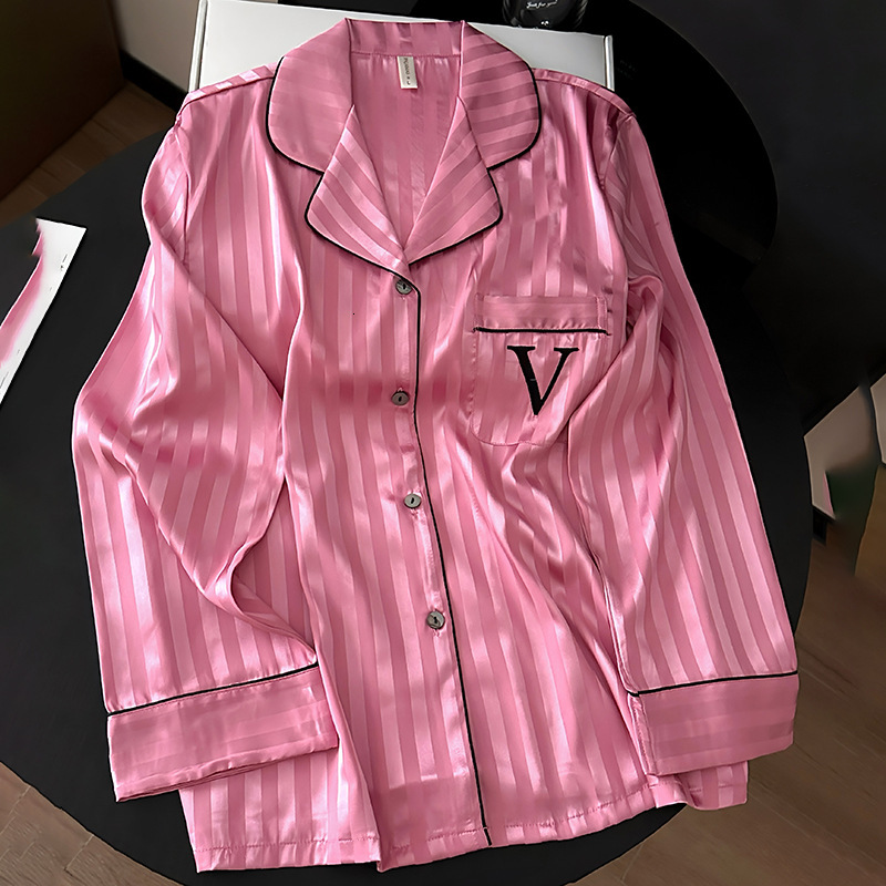 New Ice Silk Women's Pajamas Barbie Pink Striped Collar Long Sleeve Pants Home Clothes Set Autumn/Winter New Designer Pajamas
