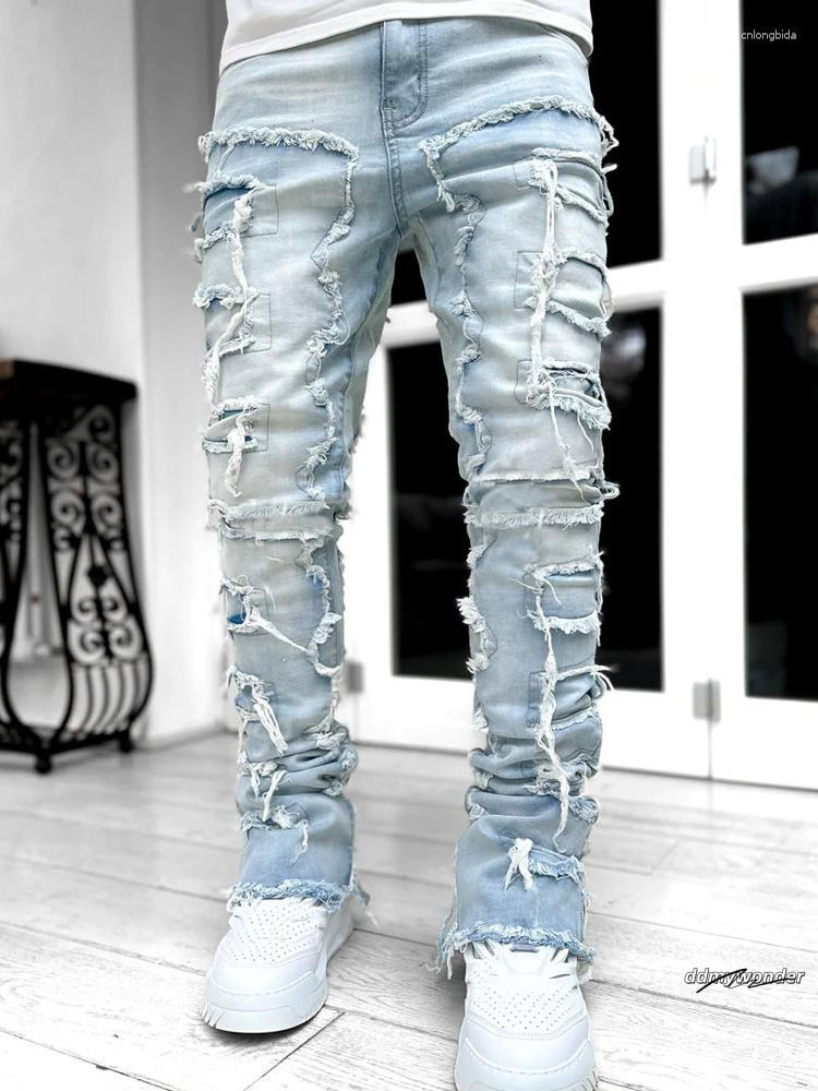 Men's Jeans Autumn Solid Fashion Mid Waist Patchwork Long Pants Male Streetwise Stretch Patch For Men Bottom Baggy Clothing